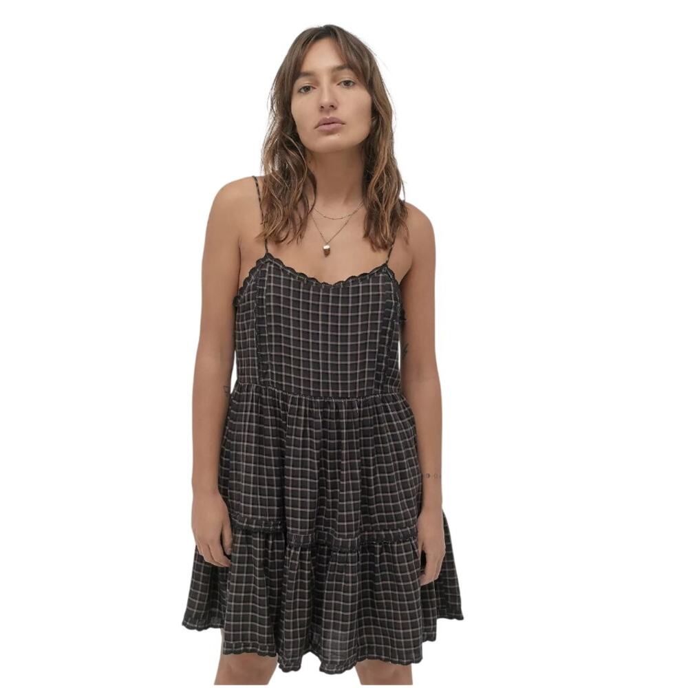 UO Hanna Printed Scallop Babydoll Mini Dress - Brown/Black Size Small